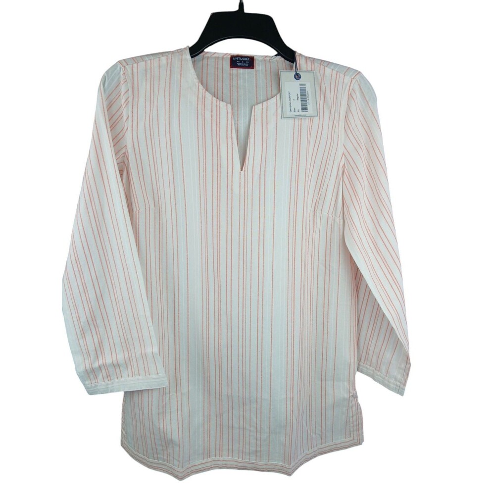 UNTUCKIT Durfort Top Sz 4 White‎ Pink NWT Striped Blouse Cotton Tunic Boho Beach